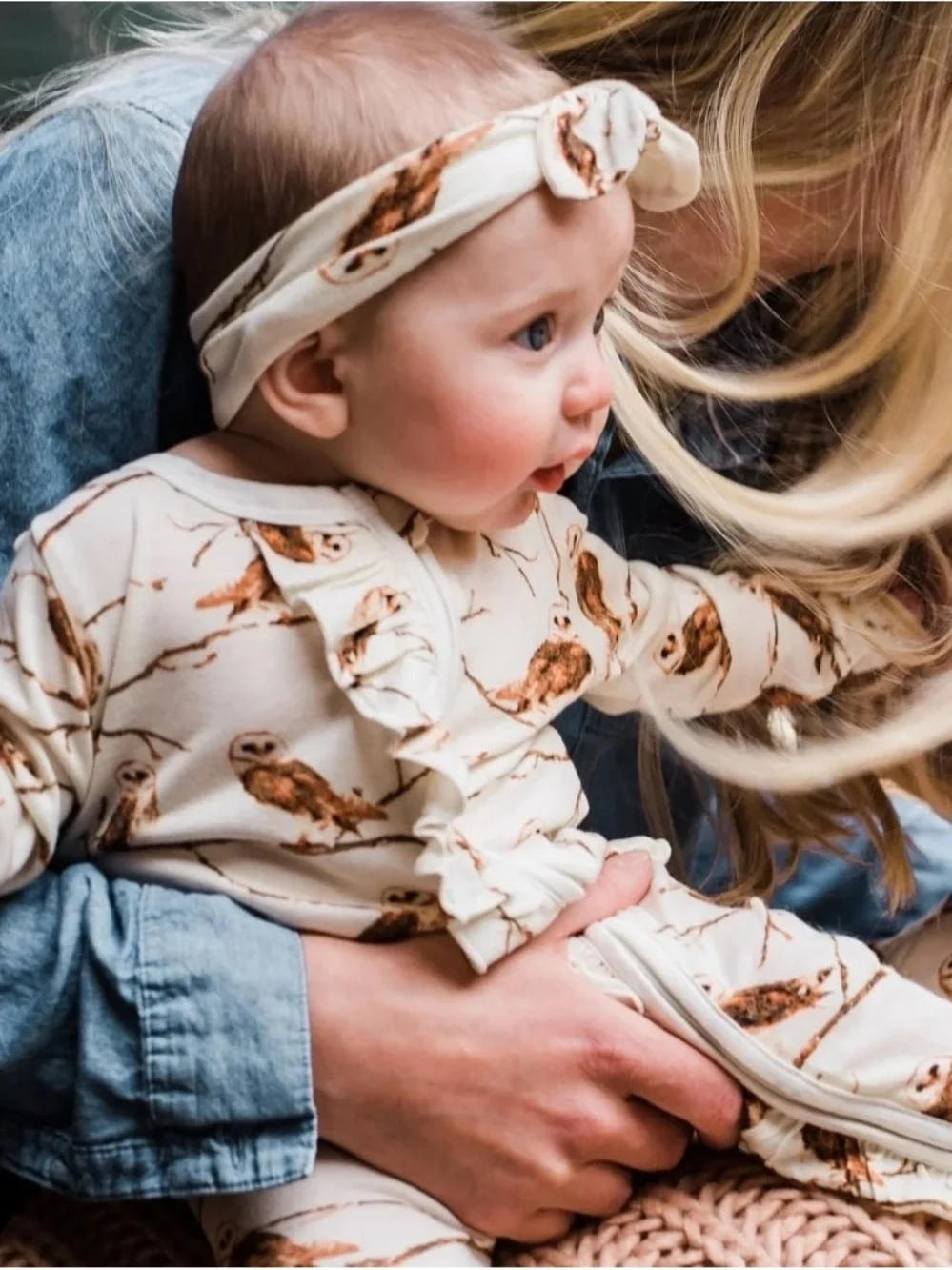 Milkbarn Cream Footed One-Piece with Brown Owl Print
